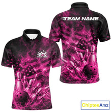 Load image into Gallery viewer, Custom Pink Fire Patriotic Bowling Men Polo Shirt, American Flag Flame Bowling Jersey IPHW11110