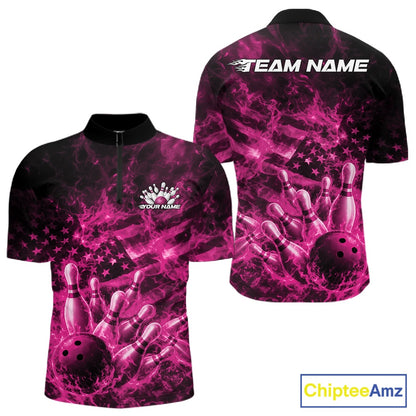 Front and back mens bowling quarter-zip in black and pink featuring a bowling ball crashing through pins with flames and an American flag backdrop.