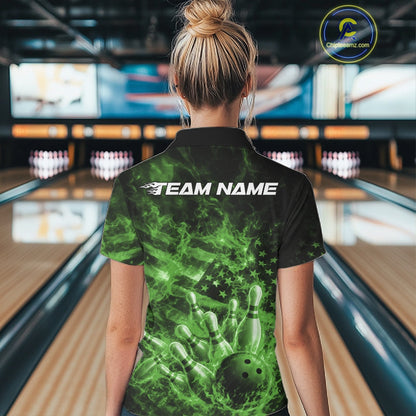 Back view of a womens black and green bowling polo showcasing bowling pins, flames, and American flag graphics.