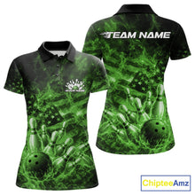 Load image into Gallery viewer, Custom Green Fire Patriotic Bowling Women Polo Shirt, American Flag Flame Bowling Jersey IPHW11111