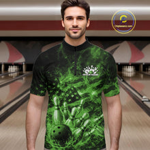 Load image into Gallery viewer, Custom Green Fire Patriotic Bowling Men Quarter-Zip Shirt, American Flag Flame Bowling Jersey IPHW11111