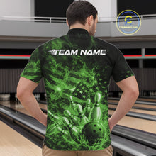 Load image into Gallery viewer, Custom Green Fire Patriotic Bowling Men Quarter-Zip Shirt, American Flag Flame Bowling Jersey IPHW11111