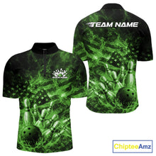 Load image into Gallery viewer, Custom Green Fire Patriotic Bowling Men Quarter-Zip Shirt, American Flag Flame Bowling Jersey IPHW11111