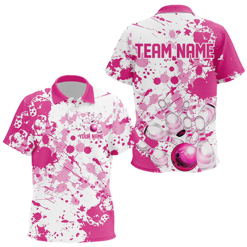 Custom Pink Bowling Polo Shirts For Kid, Splatter Bowling Team Jerseys With Name IPHW7052
