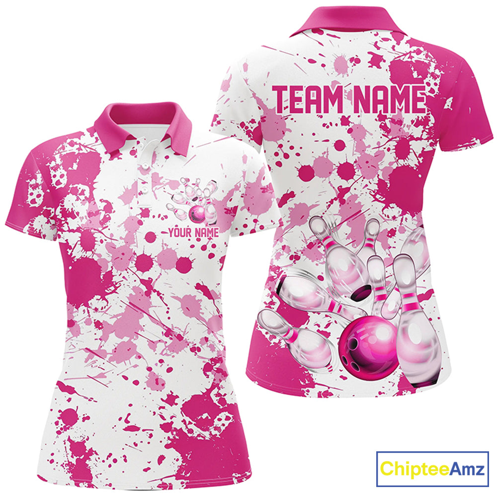 Custom Pink Bowling Polo Shirts For Women, Bowling Team Shirts Bowling Jerseys With Name IPHW7052