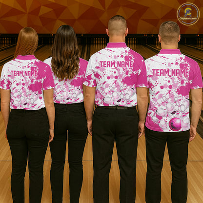 Custom Pink Bowling Polo Shirts For Women, Bowling Team Shirts Bowling Jerseys With Name IPHW7052