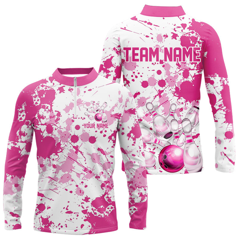 Custom Pink Bowling Long Sleeve Quarter-Zip Shirts For Men, Splatter Bowling Team Jersey With Name IPHW7052