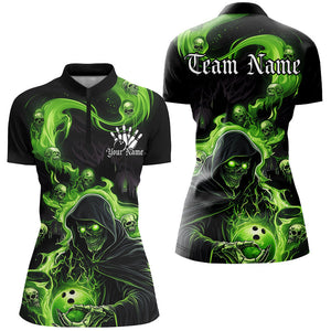 Black And Green Flame Grim Reaper Custom Halloween Ladies Bowling Shirts, Bowlers Outfits IPHW7609