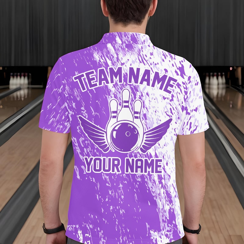 Personalized White And Purple Bowling Team Polo Shirts For Men, Bowling Tournament Outfits IPHW8744