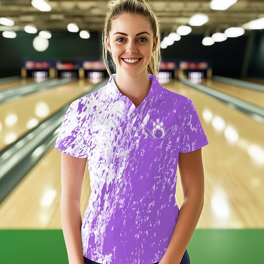 Personalized White And Purple Bowling Team Polo Shirt For Women, Bowling Tournament Outfits IPHW8744