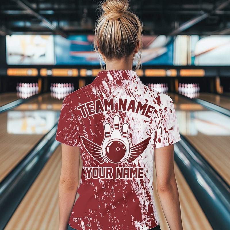 Personalized White And Brick Red Bowling Team Womens Polo Shirt, Bowling Tournament Outfits IPHW8746