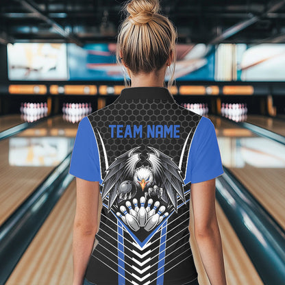 Custom Black And Blue Eagle Bowling Jerseys, Bowling Team Women Polo Shirts Bowlers Outfits IPHW8750