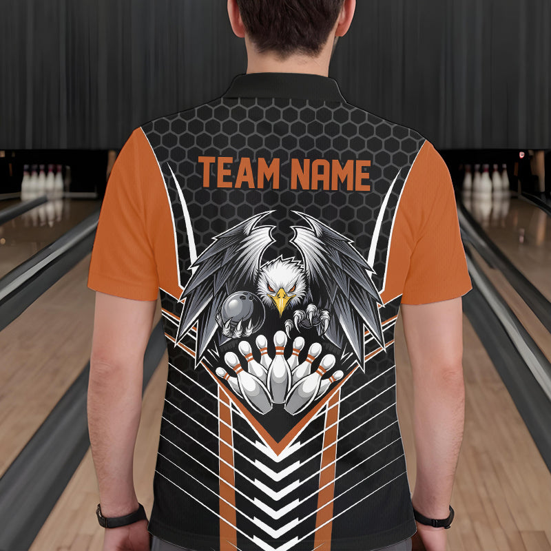 Custom Black And Orange Eagle Bowling Jerseys, Bowling Team Men Polo Shirts Bowlers Outfits IPHW8751