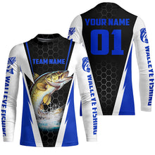 Load image into Gallery viewer, Walleye Fishing Long Sleeve Tournament Shirts For Fishing Team With Custom Name And Number | Blue IPHW6237