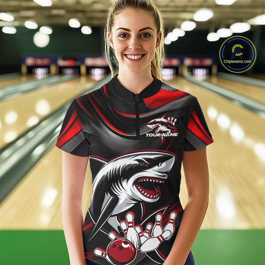 Custom Black And Red Shark Bowling Team Women Quarter-Zip Shirt, Bowling League Shirt IPHW9002