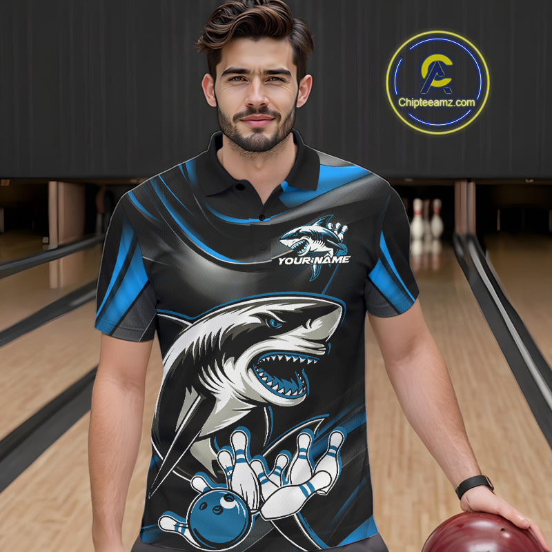 Custom Black And Blue Shark Bowling Team Polo Shirts For Men, Bowling League Shirt IPHW9003
