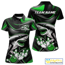 Load image into Gallery viewer, Custom Black And Green Shark Bowling Team Polo Shirts For Women, Bowling League Shirt IPHW9004
