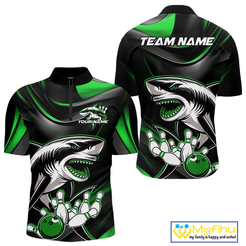 Custom Black And Green Shark Bowling Team Quarter-Zip Shirts For Men, Bowling League Shirt IPHW9004