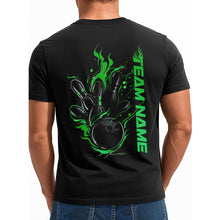 Load image into Gallery viewer, Custom Black And Green Flame Strike Bowling T-Shirts For Men, Unique Design IPHW9057