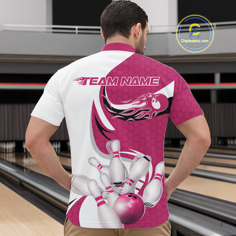 Custom White And Pink Bowling Quarter-Zip Shirts For Men, Flame Bowling Team Shirt IPHW9241