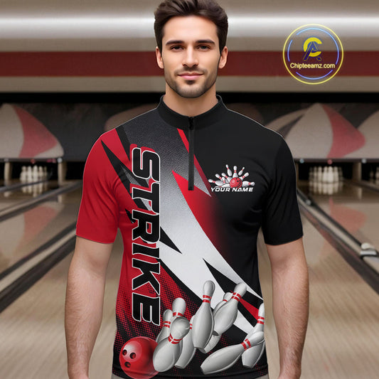 Custom Black And Red Strike Bowling Quarter-Zip Shirts For Men, Bowling Team Uniform IPHW9423