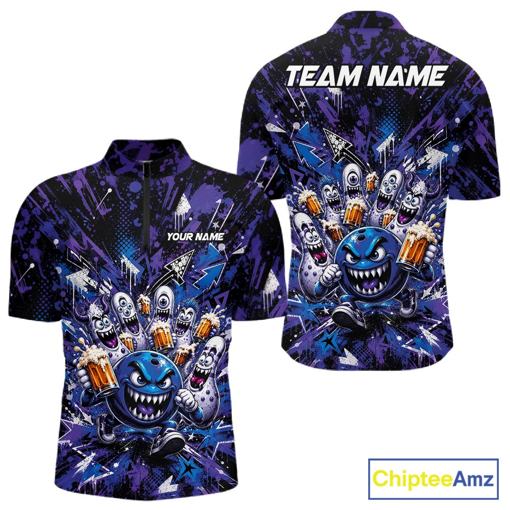 Front and back view of a blue and purple men's bowling quarter-zip shirt showcasing a blue monster bowling ball leading monster bowling pins holding overflowing beer mugs with vibrant graffiti-style splatter graphics.