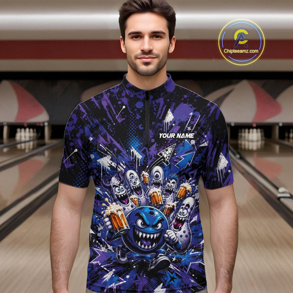 Front view of a male model in a bowling lane wearing a blue and purple bowling quarter-zip shirt featuring a blue monster bowling ball leading monster bowling pins holding overflowing beer mugs with bold graffiti-style splatter graphics.
