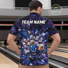 Load image into Gallery viewer, Front view of a male model at a bowling lane wearing a blue and purple bowling quarter-zip shirt featuring a blue monster bowling ball leading monster bowling pins holding overflowing beer mugs with bold graffiti-style splatter artwork.