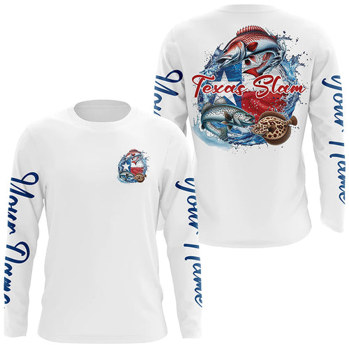 Custom Texas Slam Long Sleeve Fishing Shirts, Texas Trio Redfish, Trout, Flounder Fishing Shirts IPHW7055