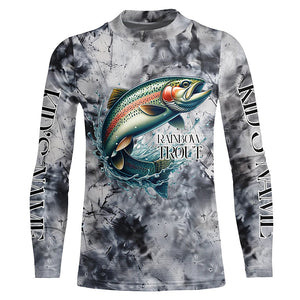 Gray Tie Dye Camo Custom Rainbow Trout Fly Fishing Shirts, Trout Long Sleeve Fishing Shirt IPHW7057