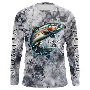 Gray Tie Dye Camo Custom Rainbow Trout Fly Fishing Shirts, Trout Long Sleeve Fishing Shirt IPHW7057