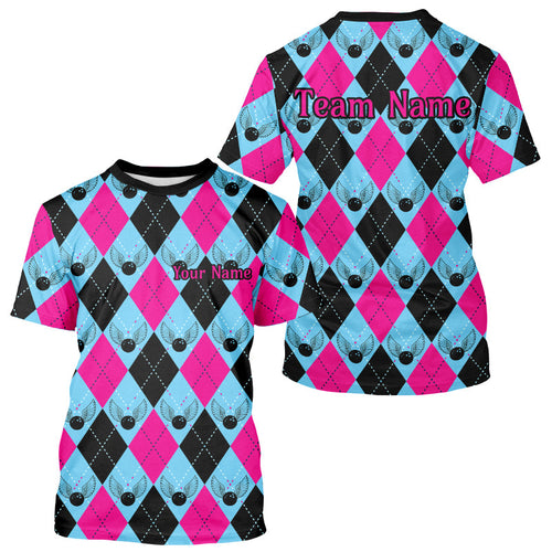 Blue And Pink Argyle Pattern Custom Bowling T-Shirts For Men, Bowling Team IPHW7306