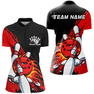 Black And Red Custom Funny Ladies Bowling Shirts, Flame Bowling Team Shirt Bowlers Outfits IPHW7618