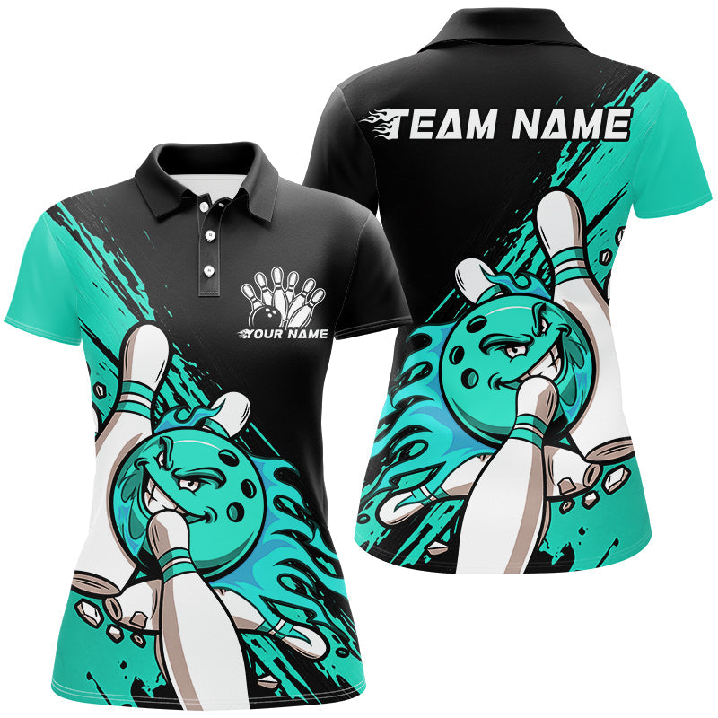 Greeny Blue Custom Funny Ladies Bowling Shirts, Flame Bowling Team Shirt Bowlers Outfits IPHW7620