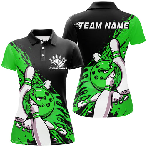 Black And Green Custom Funny Ladies Bowling Shirts, Flame Bowling Team Shirt Bowlers Outfit IPHW7621