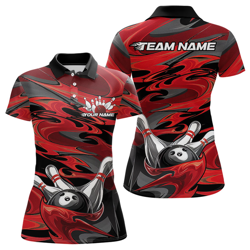 Black And Red Camo Custom Flame Bowling Polo Shirts For Women, Flame Bowling Team Uniform IPHW8028