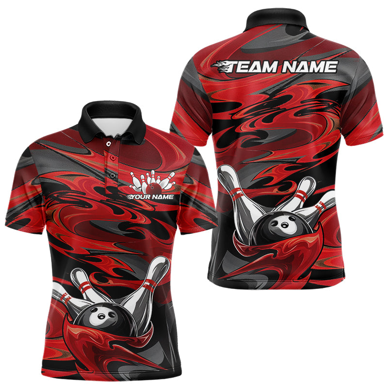 Black And Red Camo Custom Flame Bowling Polo Shirts For Men, Flame Bowling Team Uniform IPHW8028