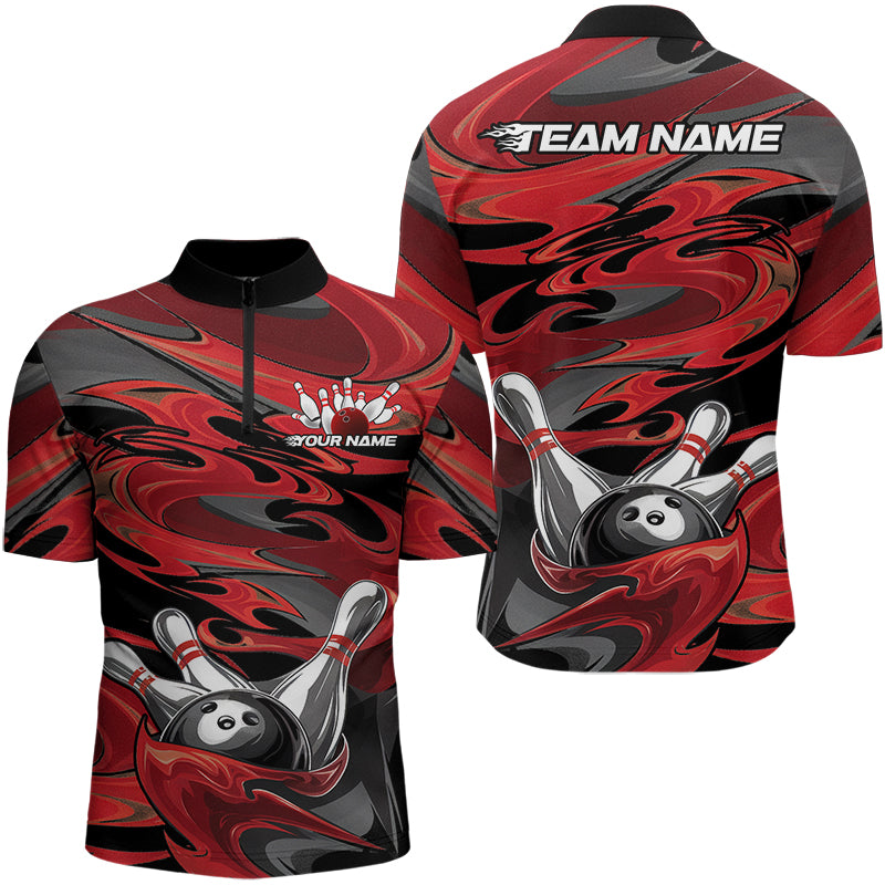 Black And Red Camo Custom Flame Bowling Quarter-Zip Shirts For Men, Flame Bowling Team Uniform IPHW8028