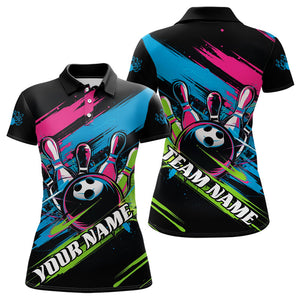 Black, Blue And Pink Custom Bowling Polo Shirts For Women, Colorful Bowling Team Shirt IPHW8033