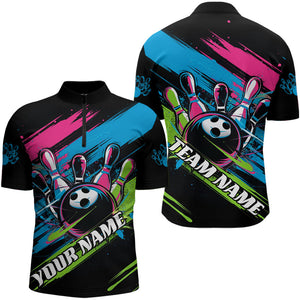 Black, Blue And Pink Custom Bowling Quarter-Zip Shirts For Men, Colorful Bowling Team Shirt IPHW8033