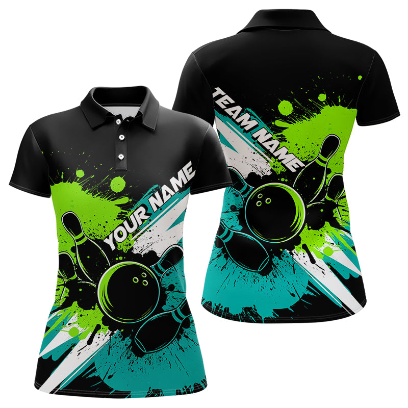 Custom Blue And Green Bowling Tournament Team Shirt, Bowling Polo Shirts For Women IPHW8035