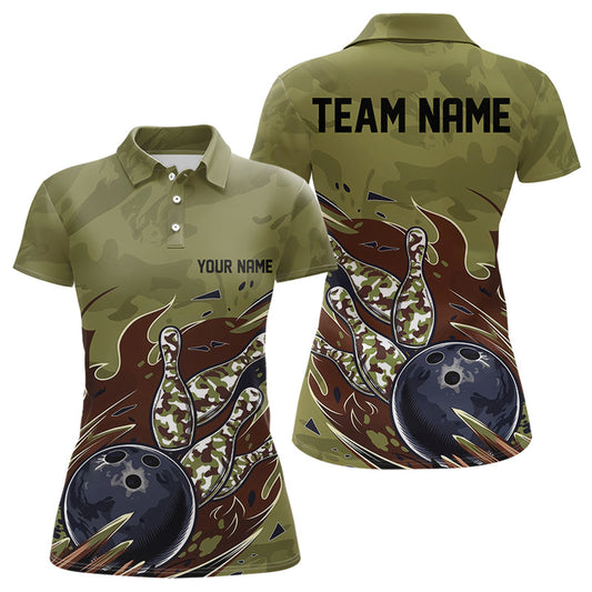 Custom Military Camo Bowling Polo Shirts For Women, Patriotic Veteran Bowling Team Shirt IPHW8038