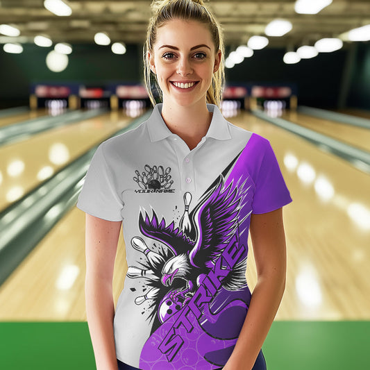 Custom Purple Eagle Bowling Team Women Polo Shirts, Bowling League Shirt Bowlers Outfit IPHW8756