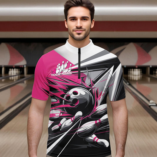 Custom Black And Pink Striking Bowling Quarter-Zip Shirts For Men, Team Uniform Bowlers Outfits IPHW8764