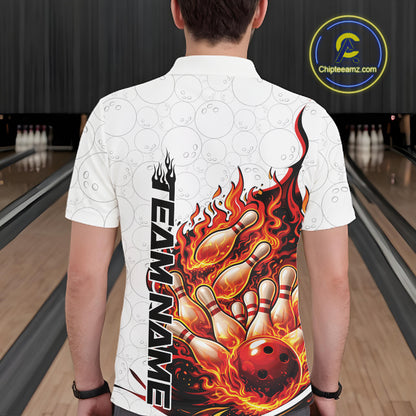 Back view of a white and red bowling polo shirt showcasing a flaming bowling ball knocking down pins.