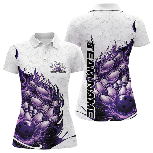 Front and back view women’s polo shirt mockup featuring flaming bowling ball crashing into pins fiery style design on white blue and purple fabric