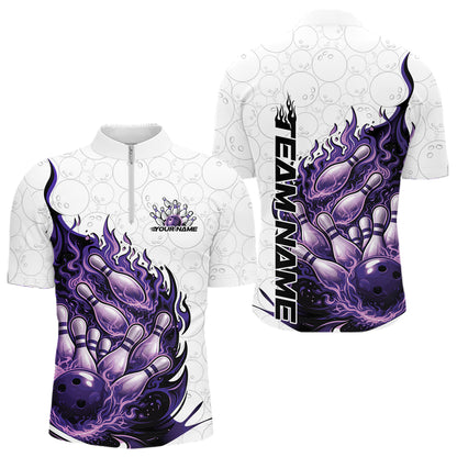 Front and back view men’s quarter-zip bowling shirt mockup featuring flaming bowling ball crashing pins fiery style on white and red fabric