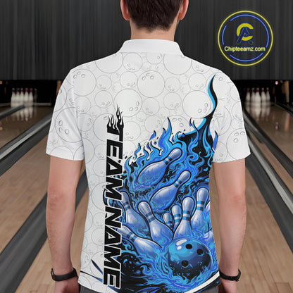 Back view of a white and blue bowling polo shirt featuring a flaming bowling ball and bowling pins illustration.