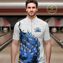 Load image into Gallery viewer, Cusom Blue Flame Bowling Men Quarter-Zip Team Shirt, Fire Bowling Tournament Jersey IPHW11129