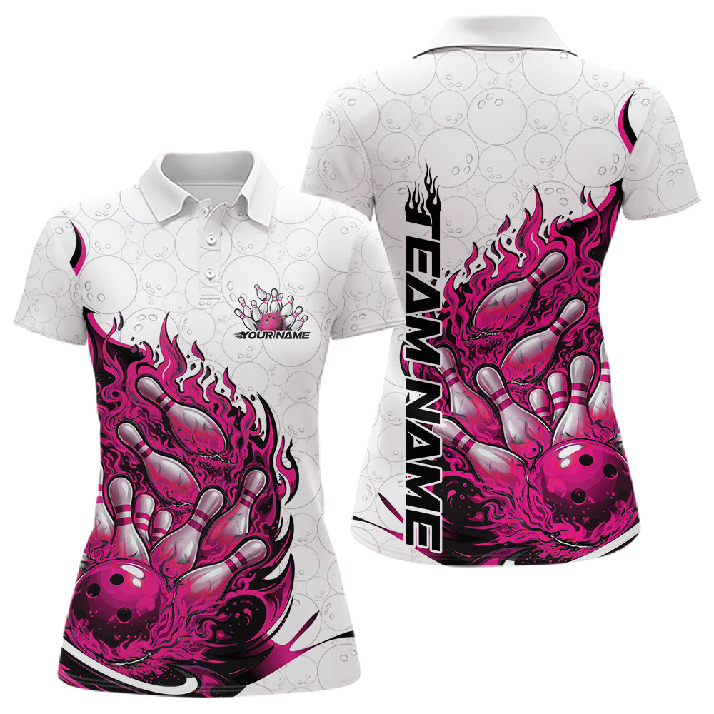 Front and back view women’s polo shirt mockup featuring flaming bowling ball crashing into pins fiery style design on white and pink fabric